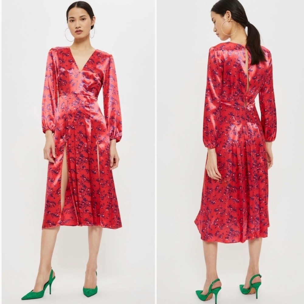 TOPSHOP Red Floral Double Slit Midi Dress, US 8
